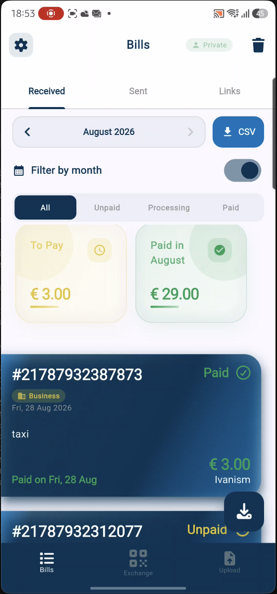 SlickBills app showing bills and payment status