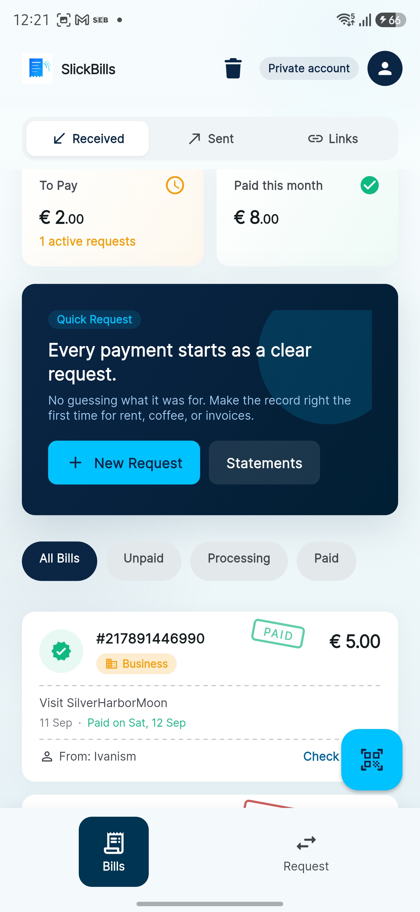 SlickBills received bills overview